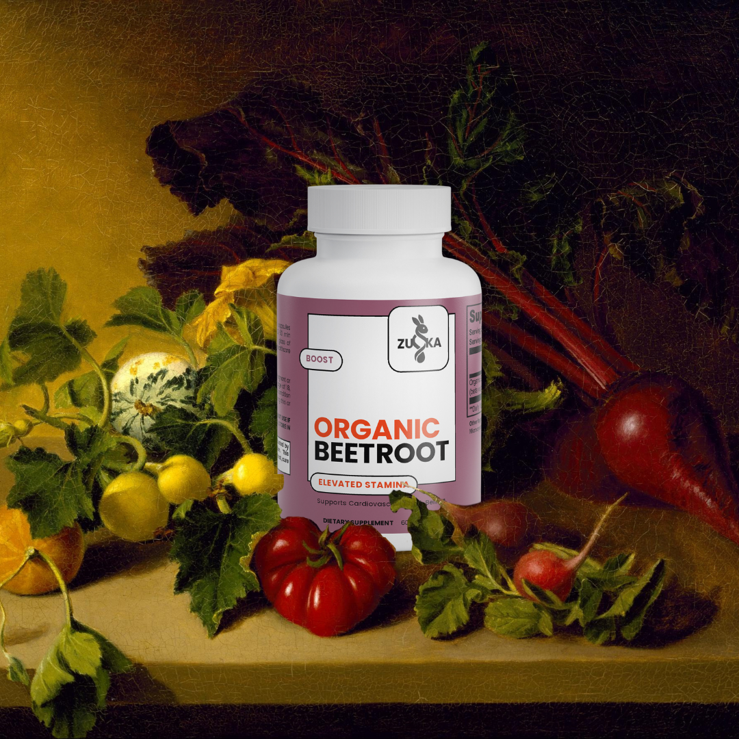 Bottle of Zuika Organic Beetroot supplement on a table with vegetables and plants.