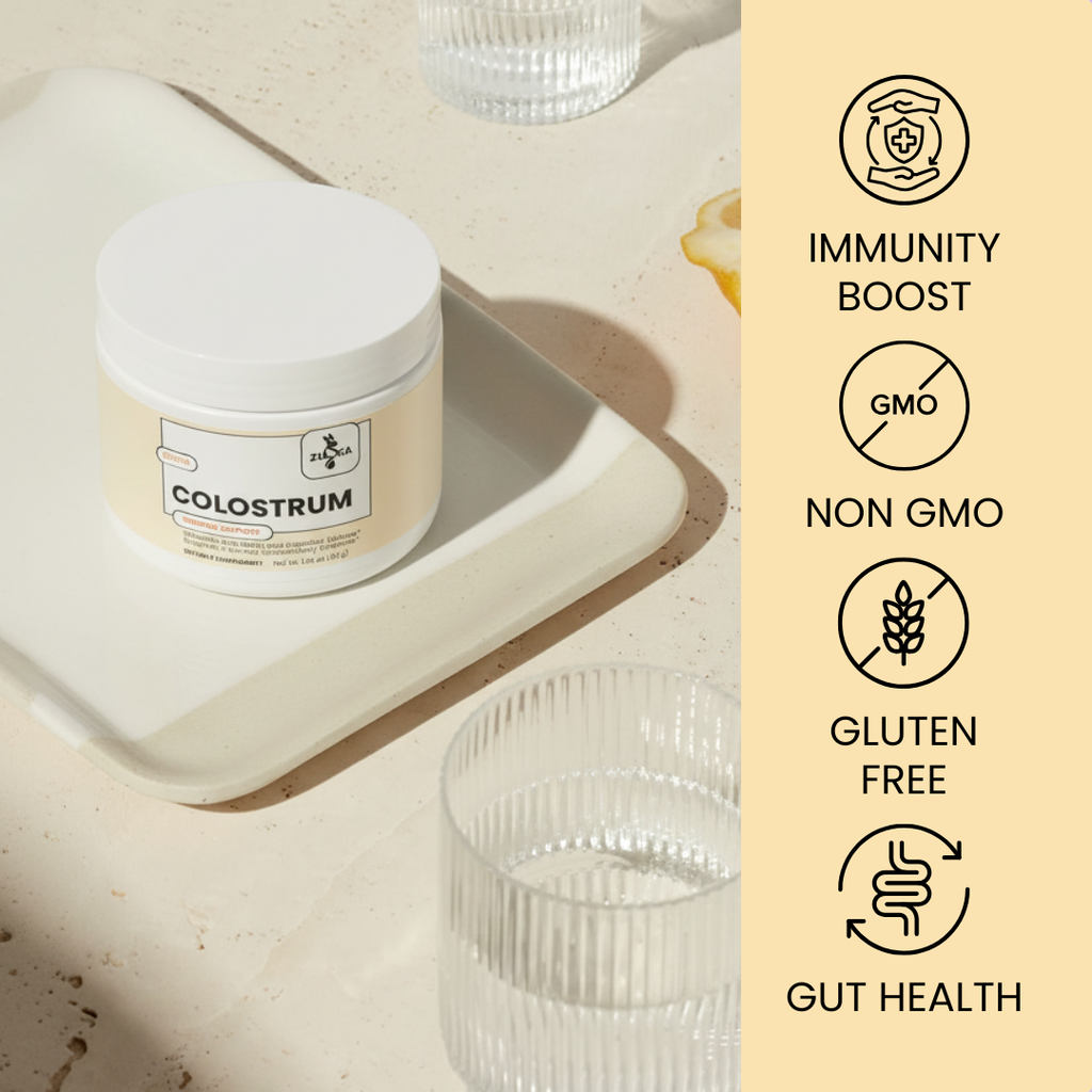 Jar of colostrum with health benefits listed on a beige background