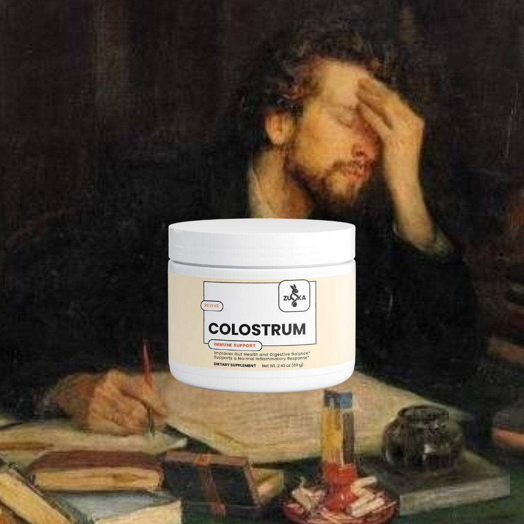 ZUIKA Colostrum Powder Immune Support jar - classical painting lifestyle background