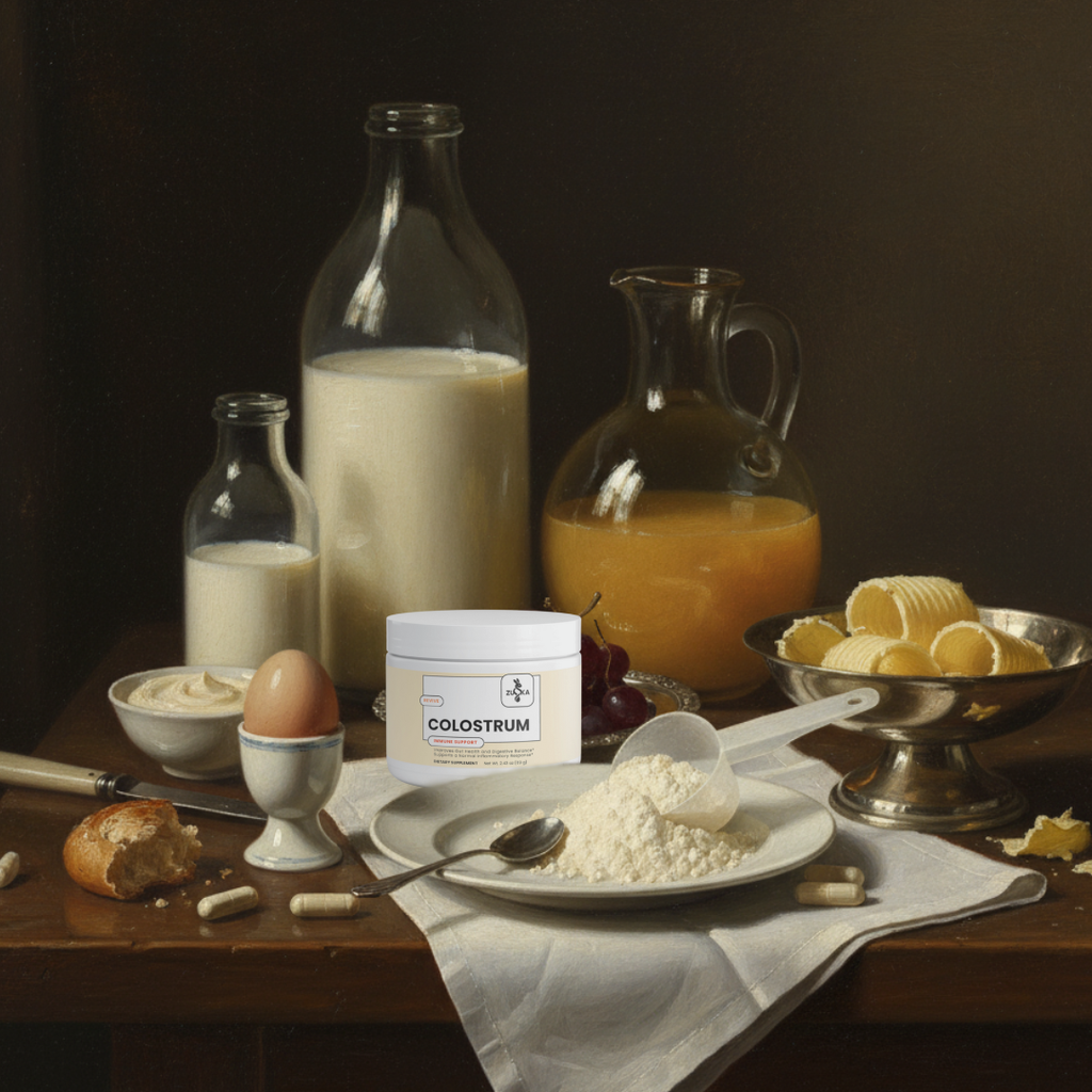 ZUIKA Colostrum Powder supplement jar - classical Dutch-style still life with milk, eggs, bread, and dairy on wooden table