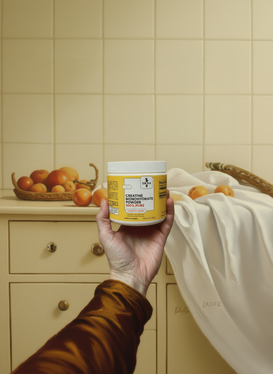 ZUIKA Creatine Monohydrate Powder 100% Pure - hand holding container in lifestyle kitchen setting