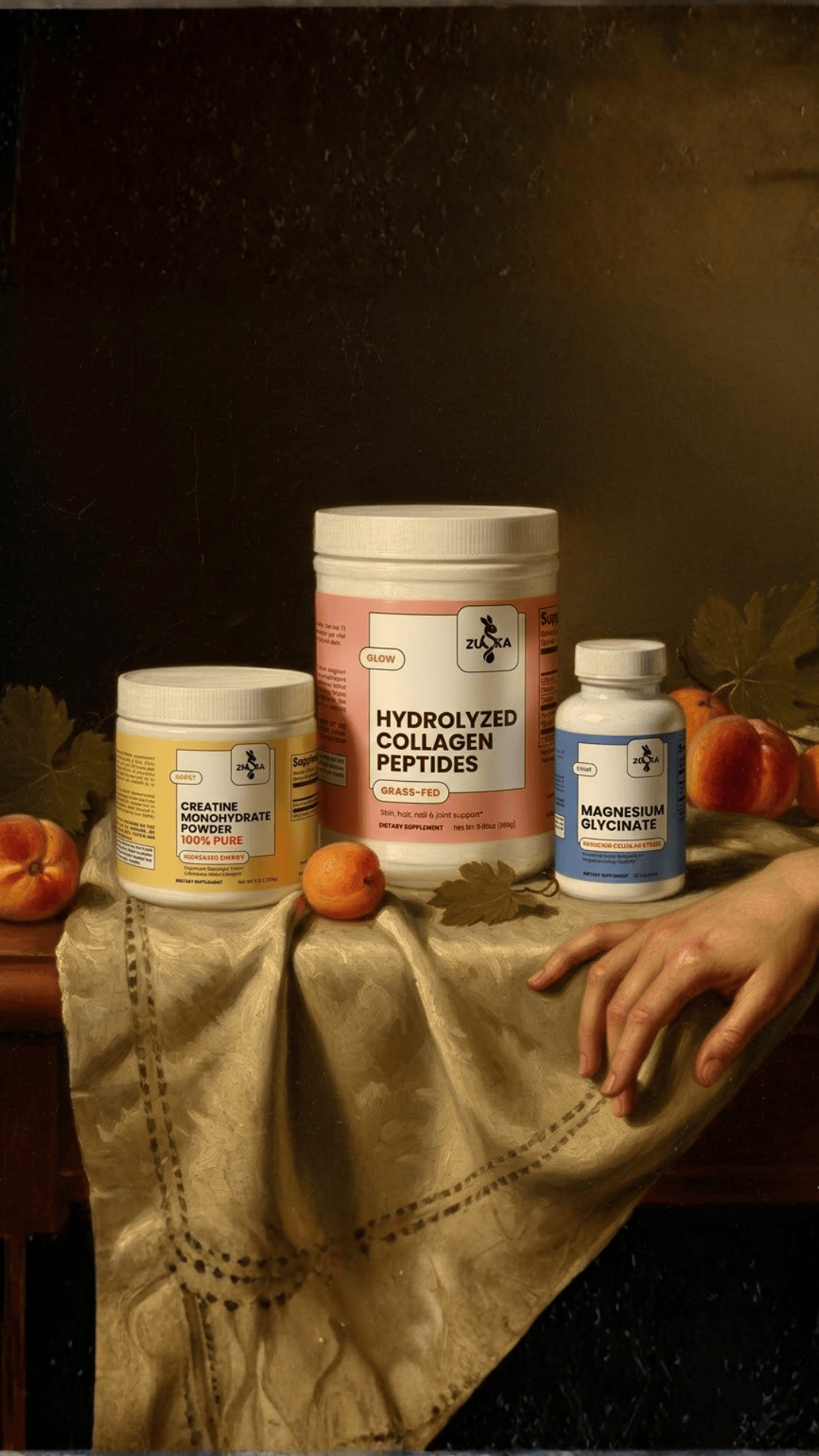 ZUIKA supplement lineup - Creatine Monohydrate, Hydrolyzed Collagen Peptides, and Magnesium Glycinate in classical oil painting style