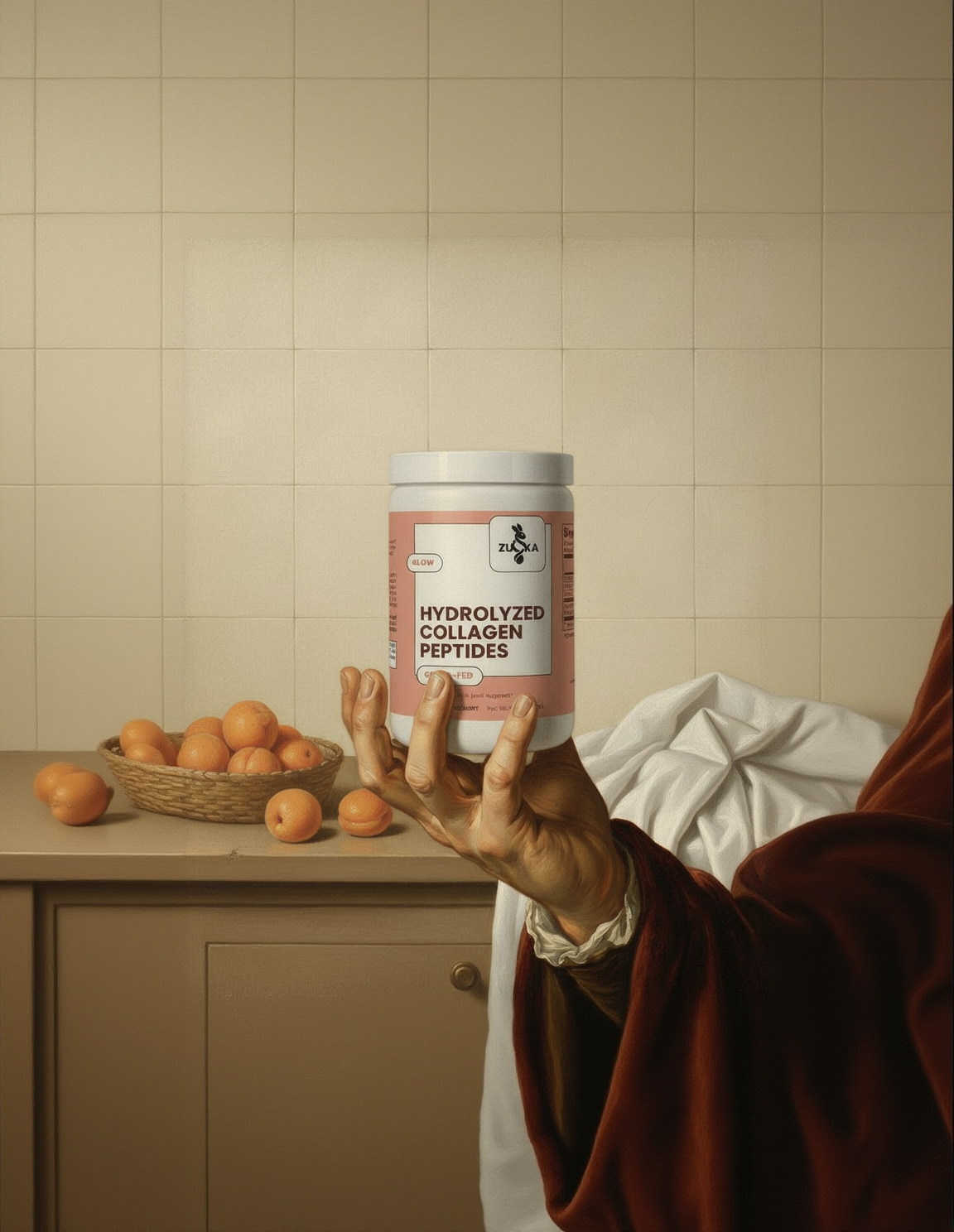 ZUIKA Hydrolyzed Collagen Peptides container - hand holding pink tub in lifestyle setting with fruits