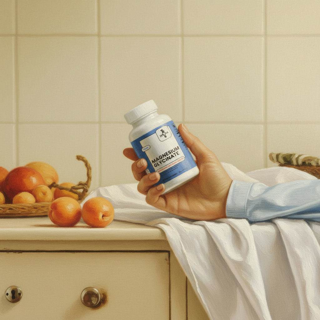 ZUIKA Magnesium Glycinate supplement bottle - hand holding container with lifestyle kitchen background