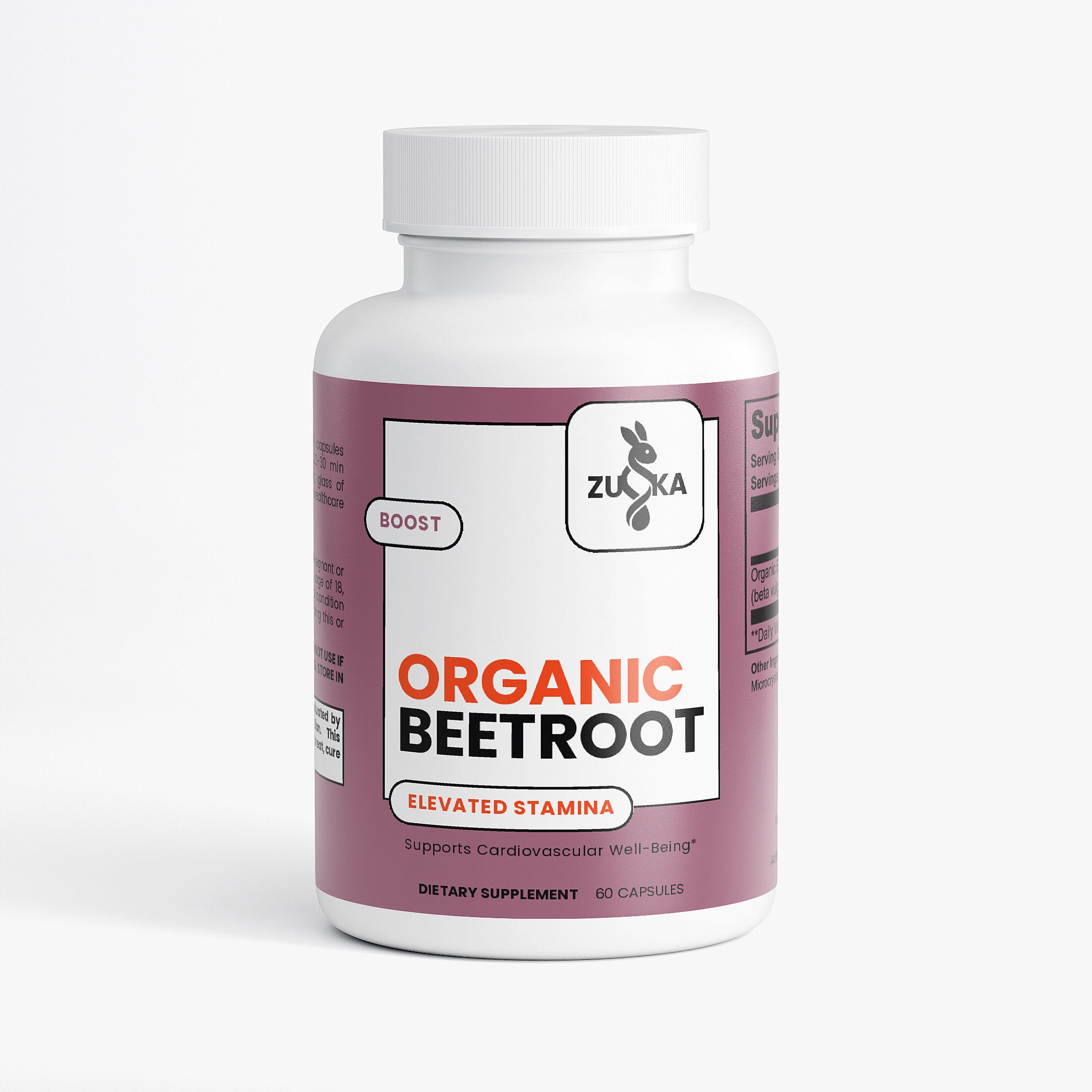 ZUIKA Organic Beetroot BOOST supplement bottle - Elevated Stamina, cardiovascular support, 60 capsules on white background