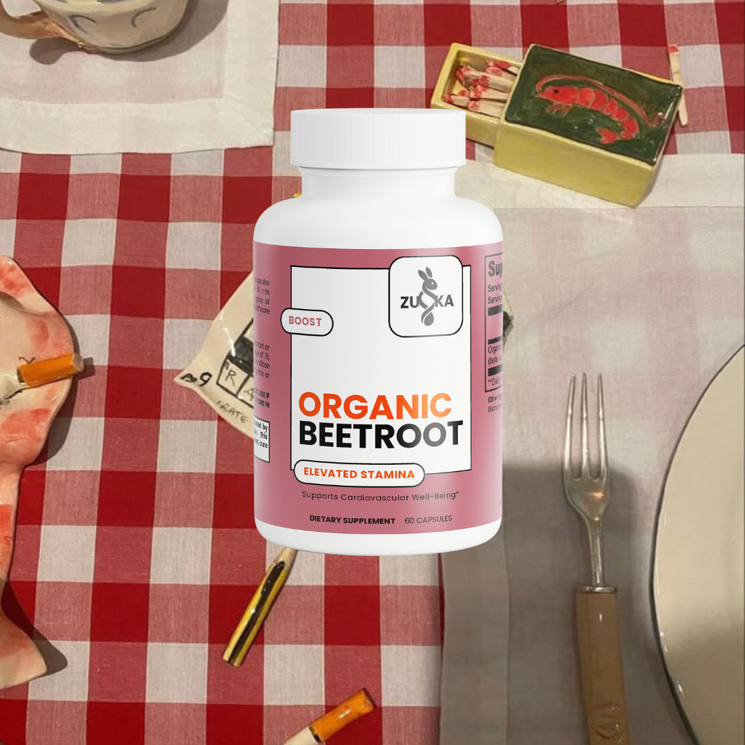 ZUIKA Organic Beetroot BOOST supplement bottle - Elevated Stamina lifestyle shot on checkered tablecloth