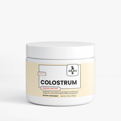 ZUIKA REVIVE Colostrum dietary supplement jar - Immune Support, improves gut health, white background
